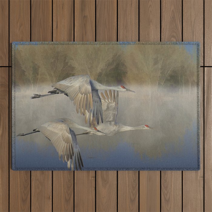 Morning Flight in Fog over Open Water, Canadian Cranes portrait painting by John Fowler Outdoor Rug