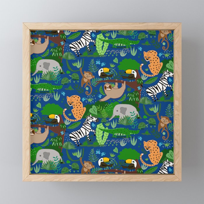 Jungle Wild Animals in Navy Blue Framed Mini Art Print