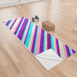 [ Thumbnail: Dark Violet, Light Pink, Beige, Cyan, and Purple Colored Lines Pattern Yoga Towel ]