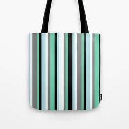 [ Thumbnail: Aquamarine, Black, Powder Blue, Mint Cream, and Gray Colored Pattern of Stripes Tote Bag ]