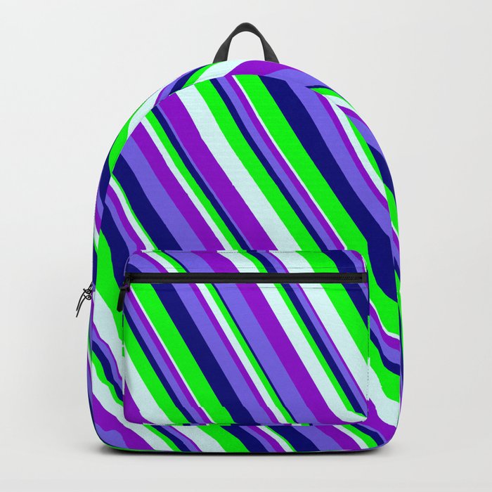 Colorful Light Cyan, Dark Violet, Medium Slate Blue, Blue & Lime Colored Lined Pattern Backpack