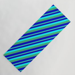 [ Thumbnail: Aqua, Sea Green & Blue Colored Striped/Lined Pattern Yoga Mat ]