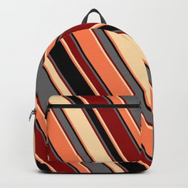 [ Thumbnail: Eye-catching Dim Grey, Dark Red, Tan, Coral, and Black Colored Striped Pattern Backpack ]