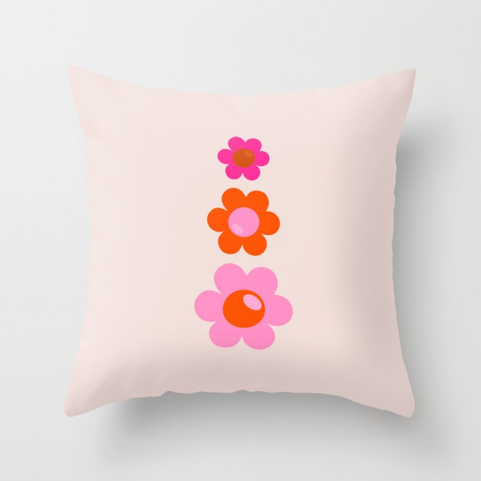 Les Fleurs | 01 - Abstract Retro Floral, Pink And Orange Print Preppy Flowers Throw Pillow