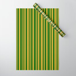 [ Thumbnail: Goldenrod and Dark Green Colored Stripes Pattern Wrapping Paper ]
