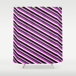 [ Thumbnail: Forest Green, Fuchsia, Beige, and Black Colored Lined/Striped Pattern Shower Curtain ]