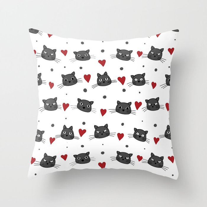 Cute cat faces, hearts and dots pattern Throw Pillow