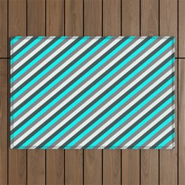 [ Thumbnail: Dark Slate Gray, Cyan, Grey & Mint Cream Colored Stripes/Lines Pattern Outdoor Rug ]
