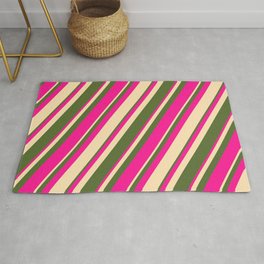 [ Thumbnail: Dark Olive Green, Deep Pink, and Beige Colored Stripes/Lines Pattern Rug ]