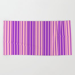 [ Thumbnail: Dark Orchid & Light Pink Colored Lined Pattern Beach Towel ]