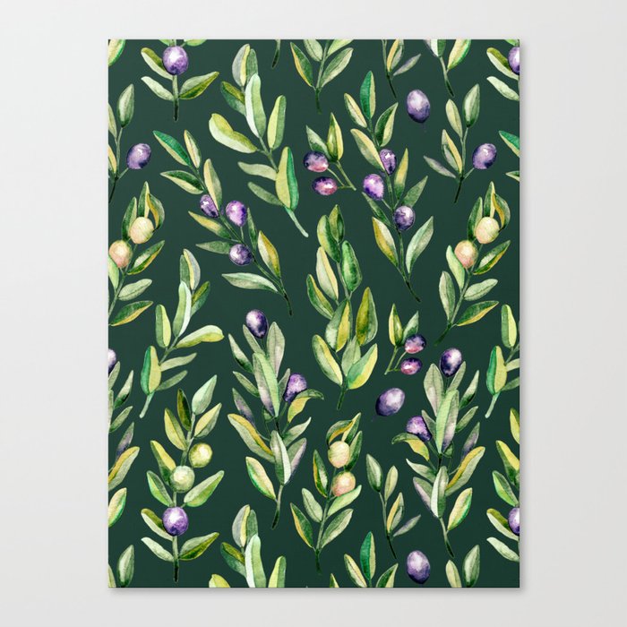 Scattered Olive Branches on Dark Green Canvas Print