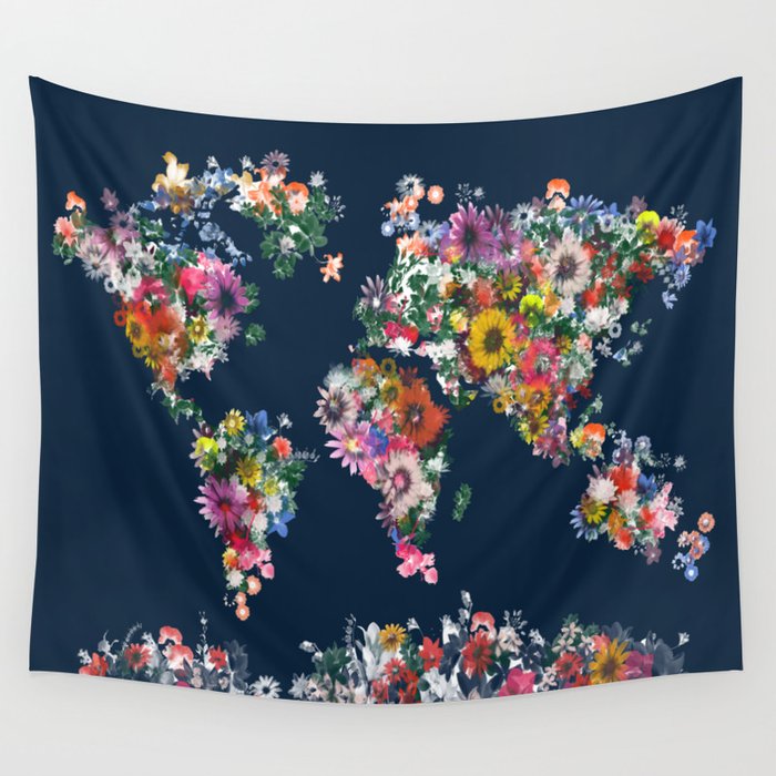 World Map Floral Wall Tapestry By Bekimart