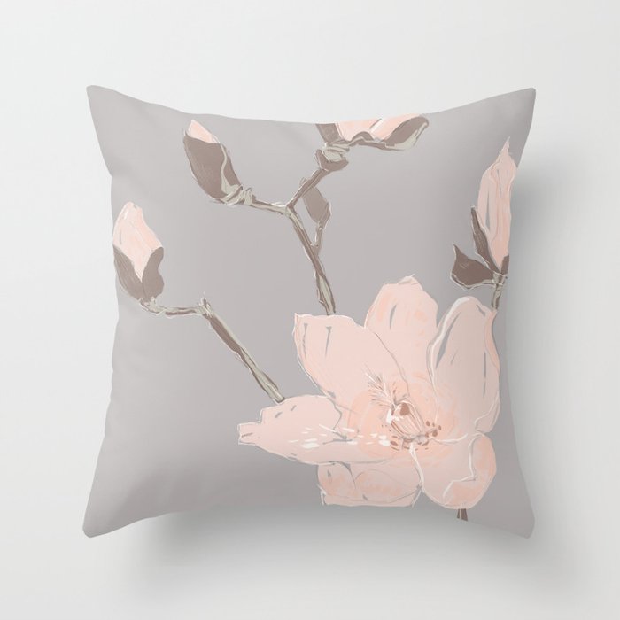 Magnolia flower Japanese minimalism style artwork in retro colors gray Throw Pillow