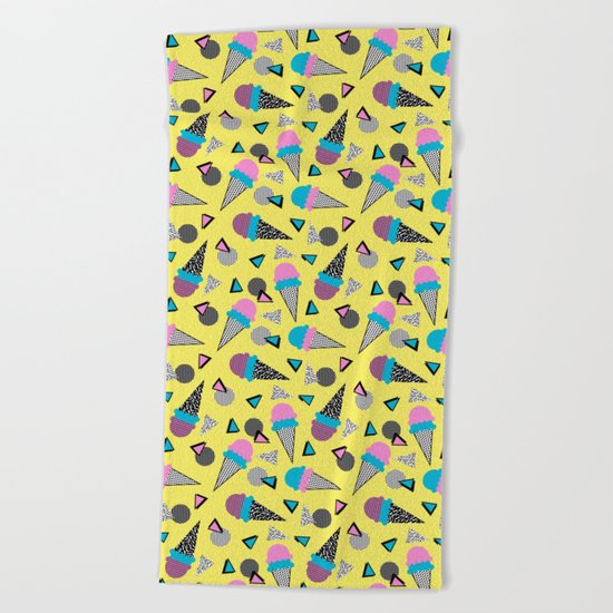 Cruncher - memphis throwback ice cream cone desert 1980s 80s style retro geometric neon pop art Beach Towel