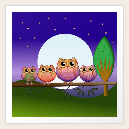 Cute Full Moon Owls on a branch Art Print