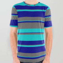 [ Thumbnail: Dark Turquoise, Dark Blue & Dim Grey Colored Lines/Stripes Pattern All Over Graphic Tee ]