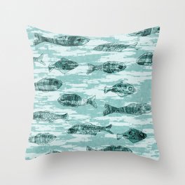 Teal Blu Watercolor Fish Under the Sea Coastal Marine Pattern. Rustic Wet Wash Beach Decor Design - 2 Throw Pillow