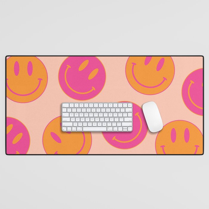 Large Pink and Orange Groovy Smiley Face Pattern - Retro Aesthetic  Desk Mat
