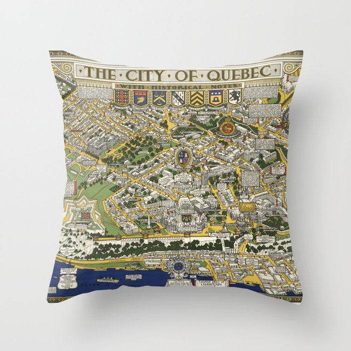City of Quebec with Historical Notes - Vintage Illustrated Map Throw Pillow