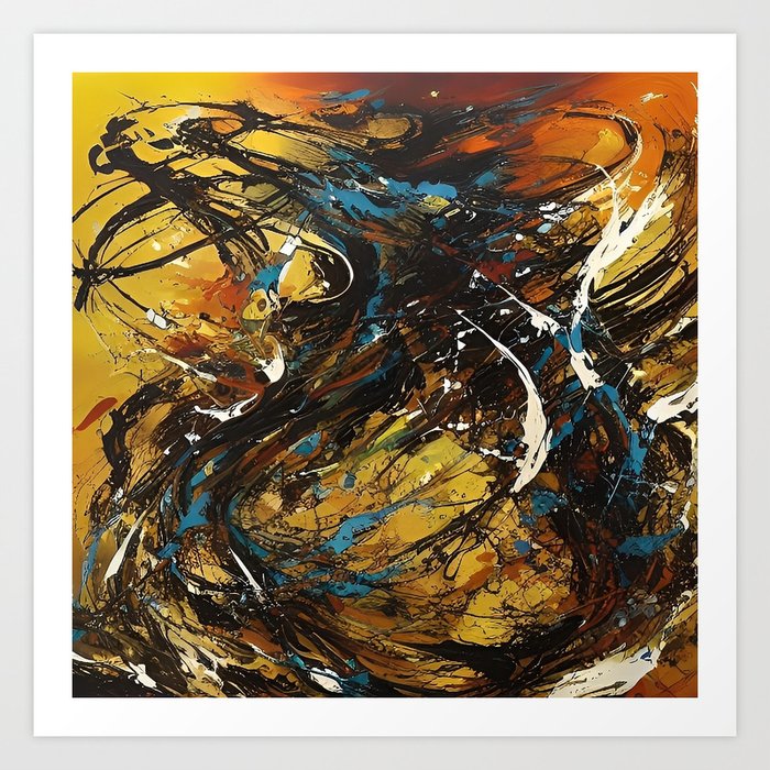 Action Painting - Abstract Expressionist (Blue, black and Gold) Art Print