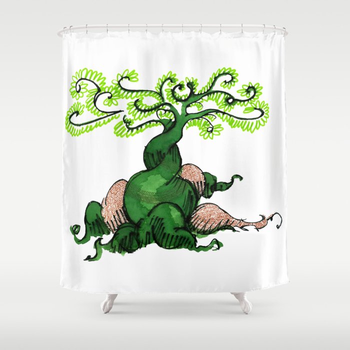 Green Tree & Herringbone Shower Curtain by ajpls | Society6 Pairing curtains with green blinds can also make for an interesting layered look which is on trend.