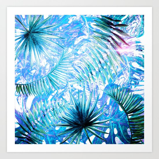 Aloha- Blue abstract Tropical Palm Leaves and Monstera Leaf Garden Art Print