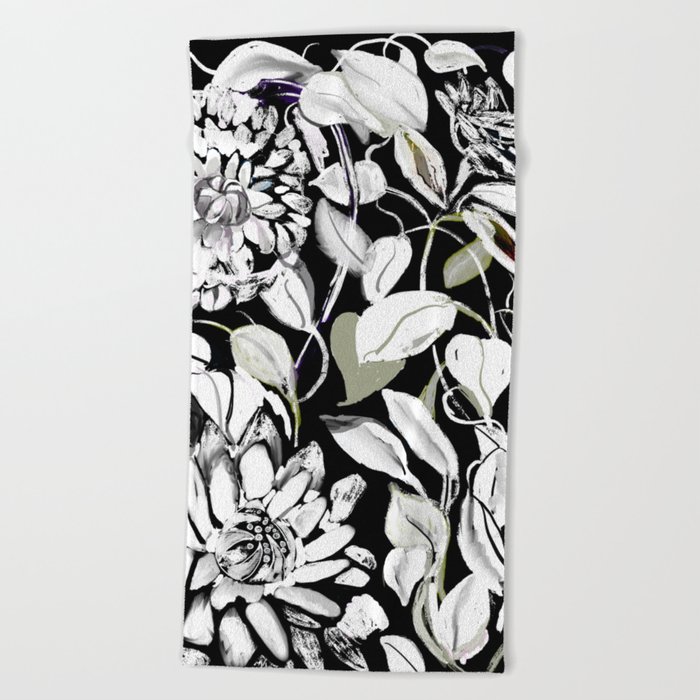 Black and White Dahlias in Motion Beach Towel
