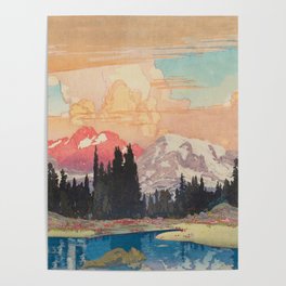 Storms over Keiisino - Winter Mountain & Forest Ukiyoe Nature Landscape in Pink, Blue, and Green Poster