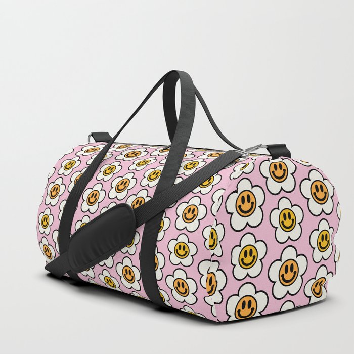 Bold And Funky Flower Smileys Pattern (Pink BG) Duffle Bag