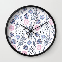 Romantic floral pattern, pink and blue flowers on white Wall Clock