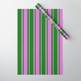 [ Thumbnail: Green & Orchid Colored Stripes/Lines Pattern Wrapping Paper ]