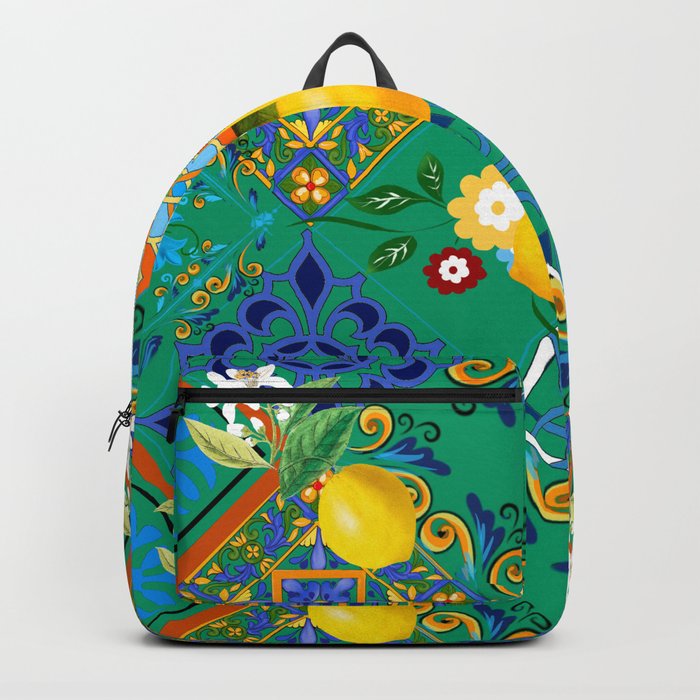 Tiles,mosaic,azulejo,quilt,Portuguese,majolica,lemons,citrus. Backpack