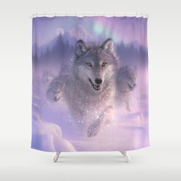 Wolf Pack Running - Northern Lights Shower Curtain