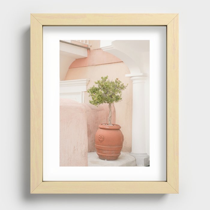 Pink Pastels in Positano, Italy | Green Plant Botanical Art Print | Boho Architecture Travel Photography Recessed Framed Print
