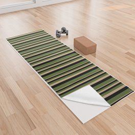 [ Thumbnail: Tan, Black & Dark Olive Green Colored Lined Pattern Yoga Towel ]
