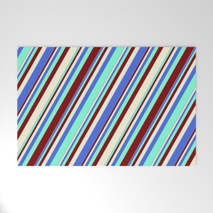 Royal Blue, Aquamarine, Maroon & Beige Colored Striped Pattern Welcome Mat