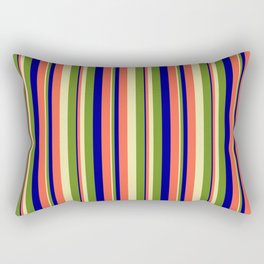 [ Thumbnail: Pale Goldenrod, Green, Dark Blue & Red Colored Stripes/Lines Pattern Rectangular Pillow ]