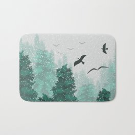 Snowy Pines Bath Mat | Birds, Mountains, Christmas, Drawing, Montagne, Foret, Snow, Snowing, Nature, Illustration 
