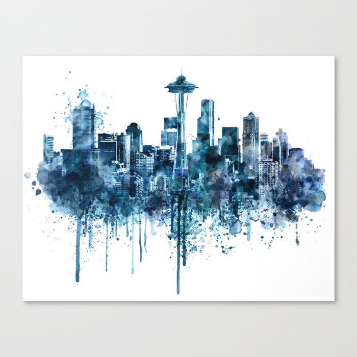 Seattle Skyline Monochrome Watercolor Canvas Print By Marianvoicu
