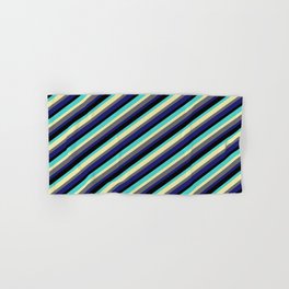 [ Thumbnail: Eyecatching Turquoise, Pale Goldenrod, Dim Gray, Midnight Blue, and Black Colored Striped Pattern Hand & Bath Towel ]