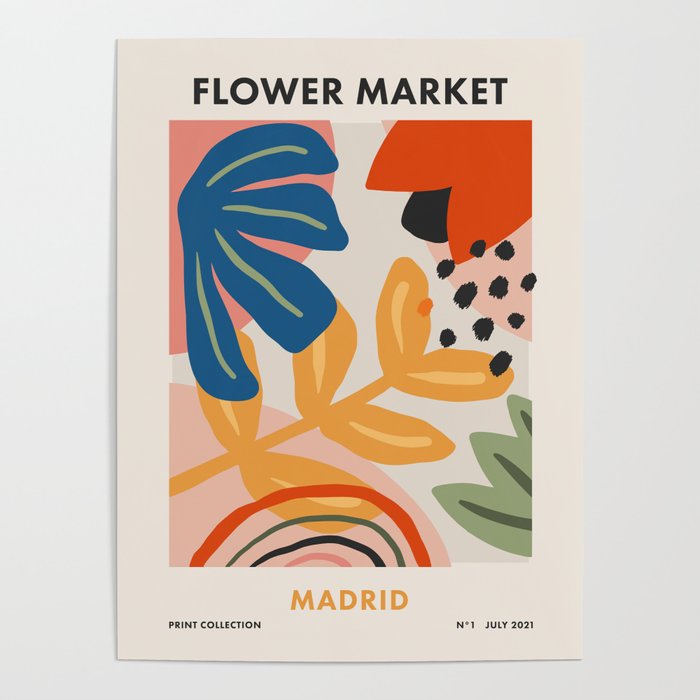 Flower Market Madrid, Abstract Retro Floral Print Poster