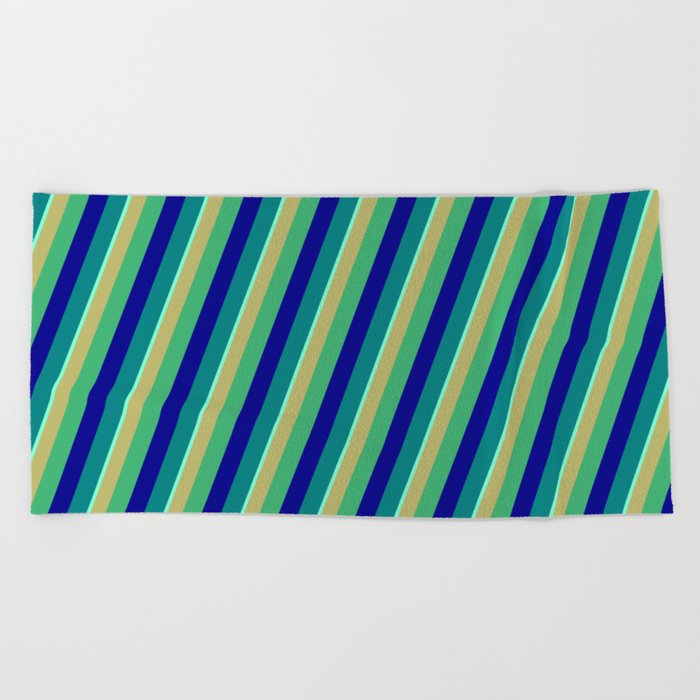 Vibrant Dark Khaki, Sea Green, Dark Blue, Teal & Aquamarine Colored Striped Pattern Beach Towel