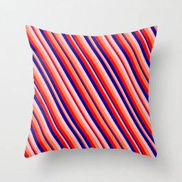 [ Thumbnail: Pink, Coral, Red, and Dark Blue Colored Pattern of Stripes Throw Pillow ]