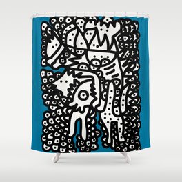 Black and White  Graffiti Cool Monsters on Blue background Shower Curtain