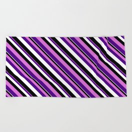 [ Thumbnail: Orchid, Indigo, White, and Black Colored Stripes/Lines Pattern Beach Towel ]