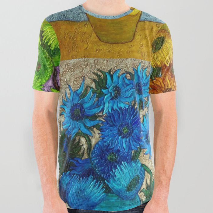 Vincent van Gogh Twelve Sunflowers in a vase still life colorful four-color collage portrait painting with pink, blue, and green sunflowers All Over Graphic Tee