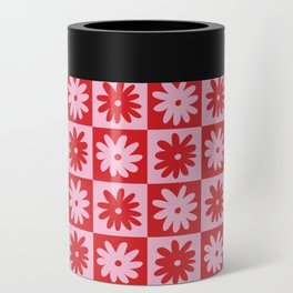 Pink & Red Checkerboard Flower Pattern Can Cooler