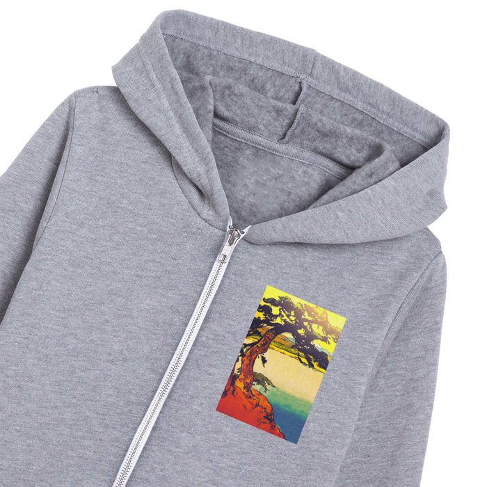 Morning at Dahiy - At Sunset the Tree overlooks the shore - Ukiyo Nature Landscape in Red, Yellow, Orange, Green and Blue Kids Zip Hoodie