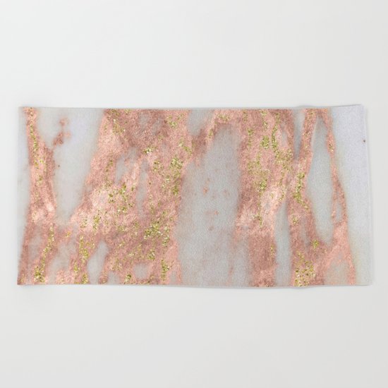 Rose Gold Marble with Yellow Gold Glitter Beach Towel