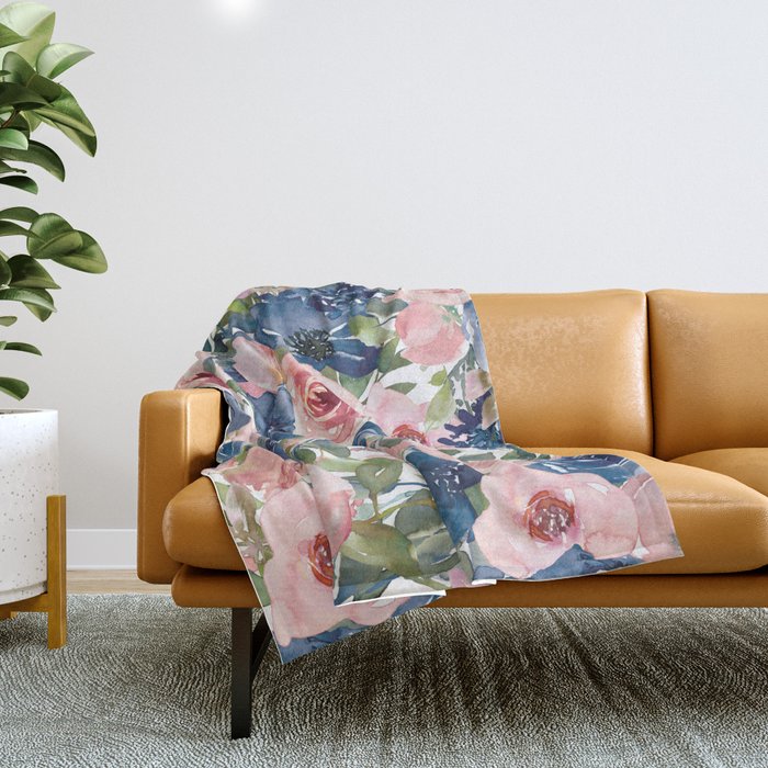 Blue And Pink Floral Throw Blanket